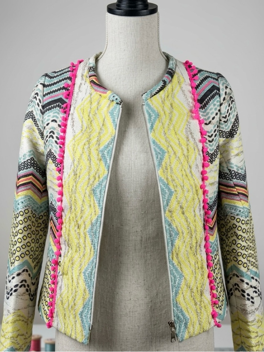 Women’s Multicolor Patterned Zip Jacket with Pink Trim